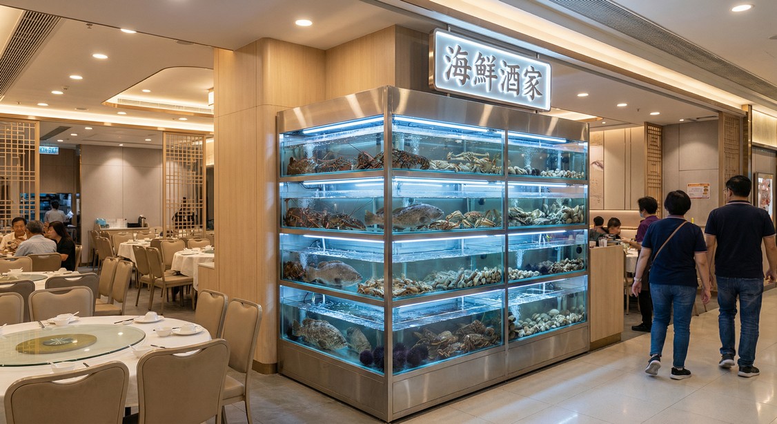 將軍澳酒樓L形六層組合海鮮缸 — 雙面展示轉角龍蝦專用低溫缸